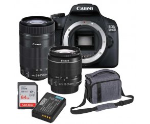 Zestaw Canon 2000D + 18-55 IS II + 55-250 IS STM + KARTA 64GB + TORBA PEDEA XL + AKUMULATOR LP-E10